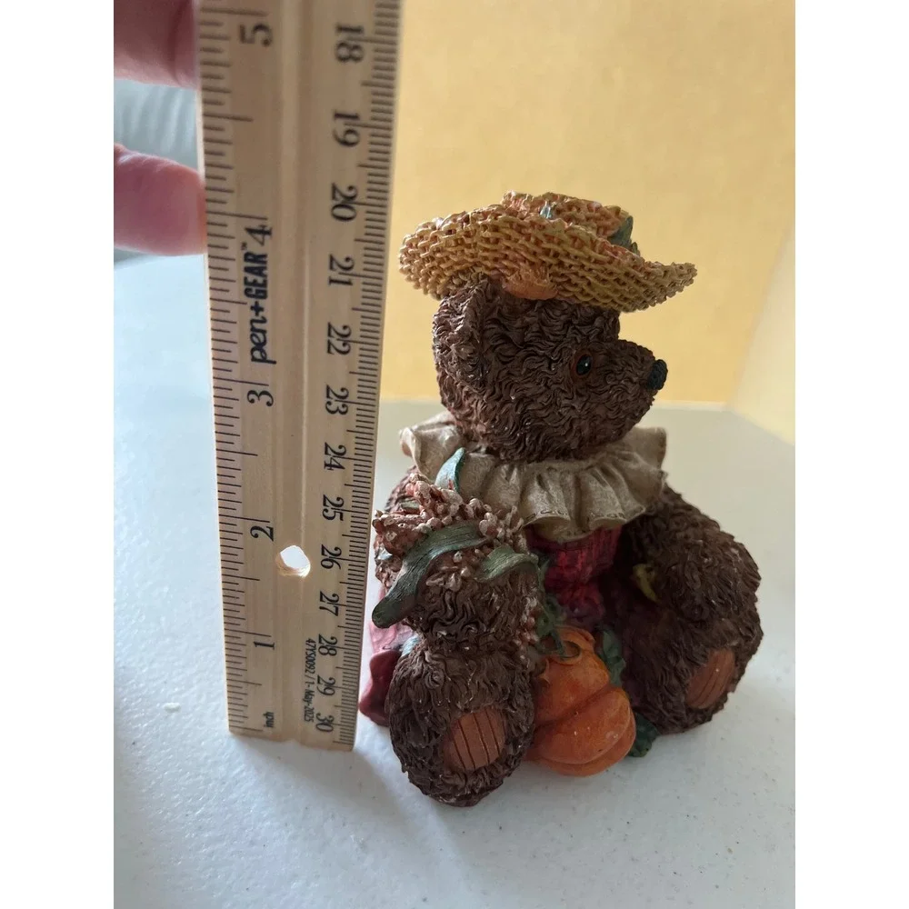 Harvest Teddy Bear Figurine Resin Pumpkin Straw Hat 2000 Vintage