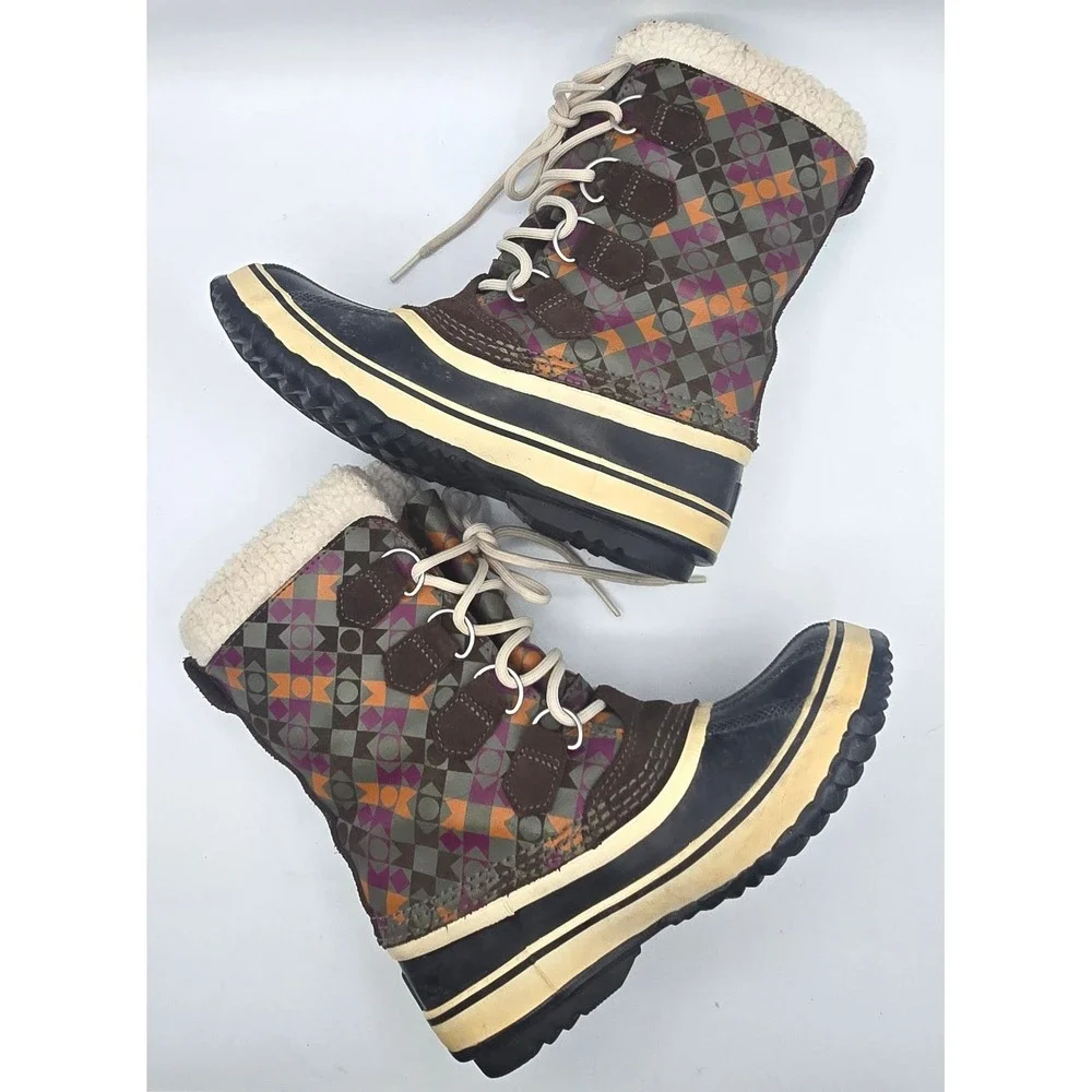 Sorel Pac Graphic Winter Snow Boots Womens Size 7 Waterproof Multi Plaid Leather