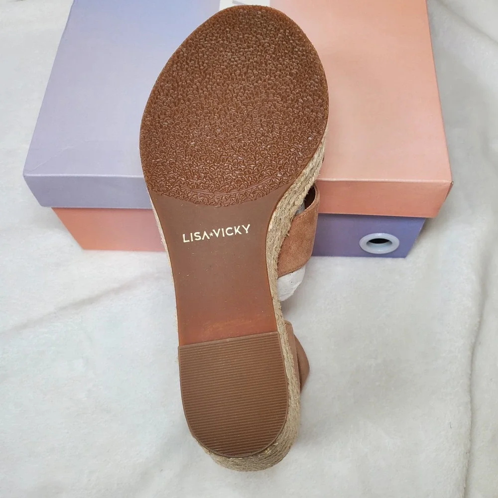 Lisa Vicky Gemi Platform Wedge Sandal Kid Suede Leather Cognac Women's 8.5 M NWB