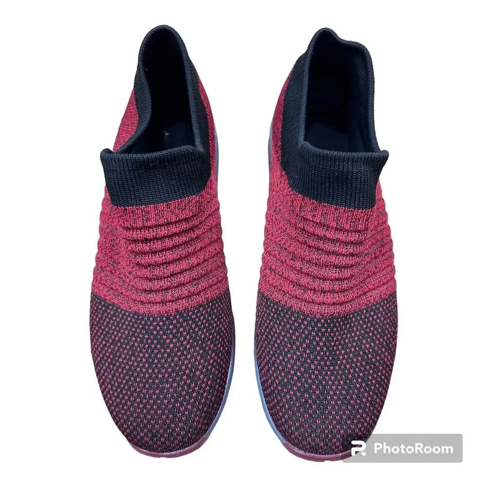 Slow Man Red Black Walking Sock Sneakers Mesh Slip On Platform walking shoe SZ 9