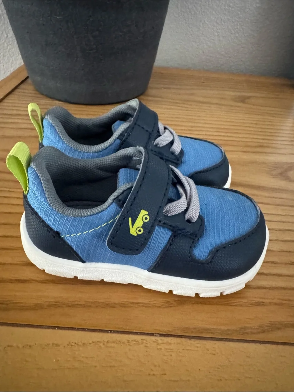 See Kai Run Blue and Navy Sneakers with Lime Pull Tab