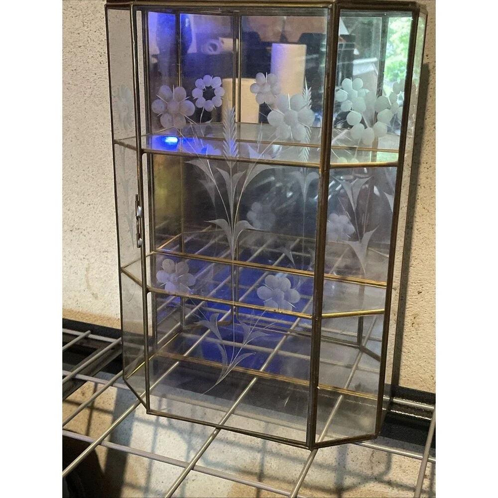 Vintage Etched Glass Brass Display Case Curio Cabinet Mirrored Back Wall Shelf