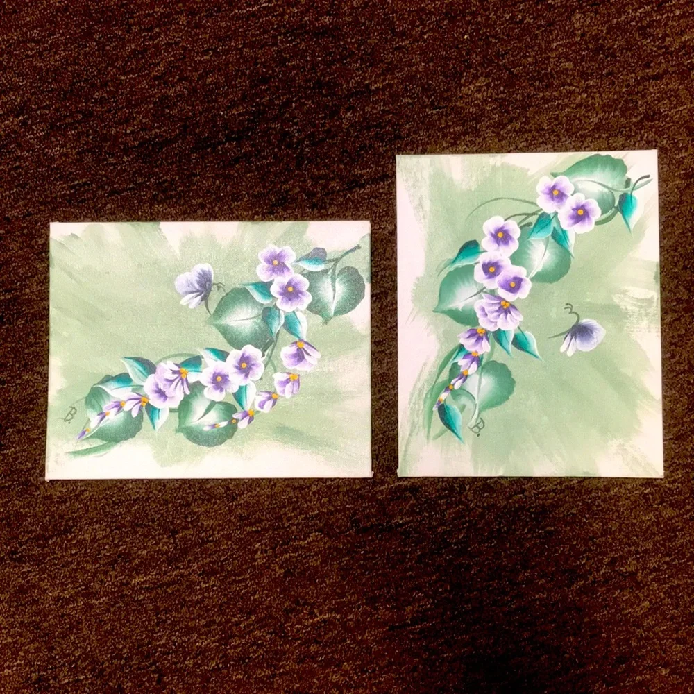 2 Original Signed Flowers & Butterfly Acrylic‎ Paintings on 8x10 Canvas Boards