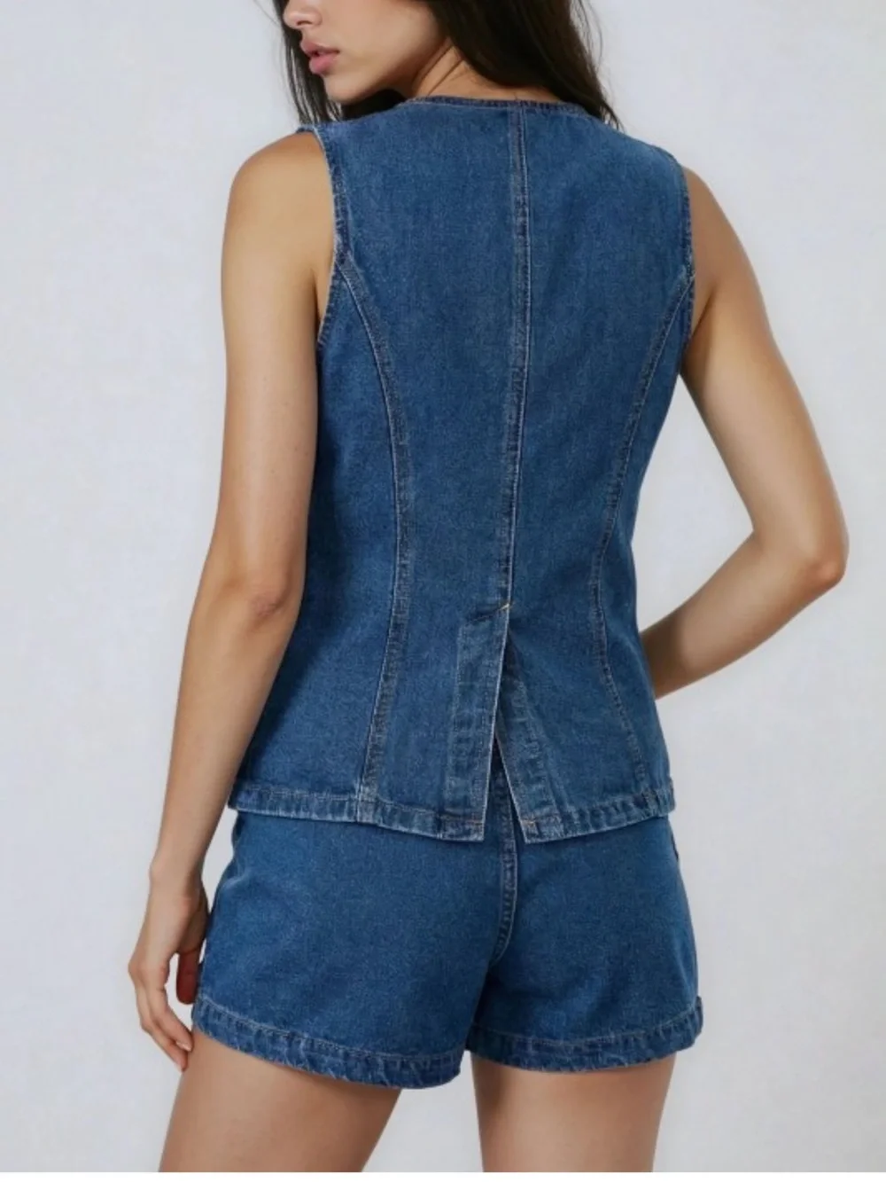 Light Blue Denim Sleeveless Button Vest & Shorts Set
