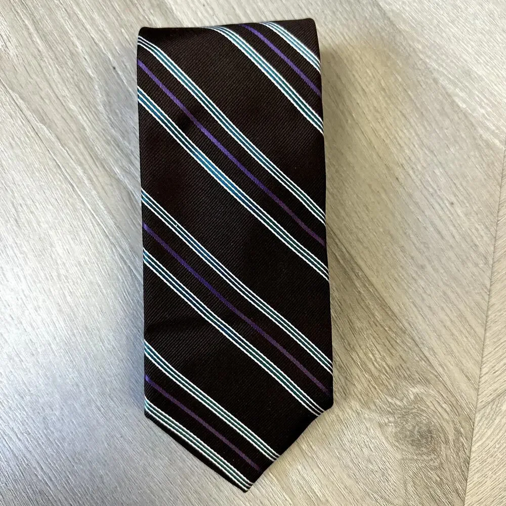 Hickey Freeman Brown Diagonal Stripe Silk Tie Blue White Purple