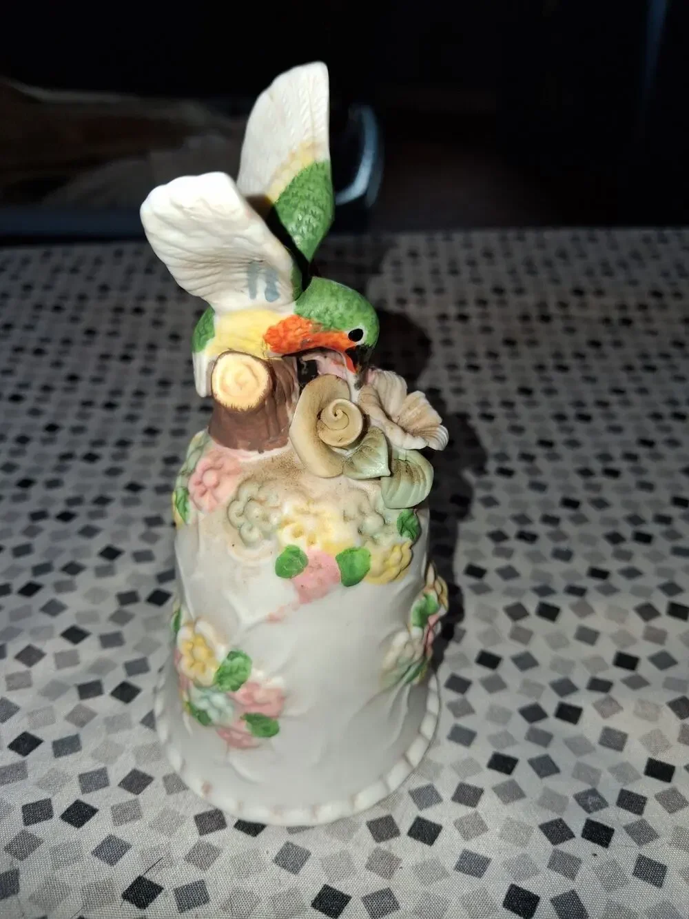 Vintage Bisque Porcelain Hummingbird Bell Figurine Flowers