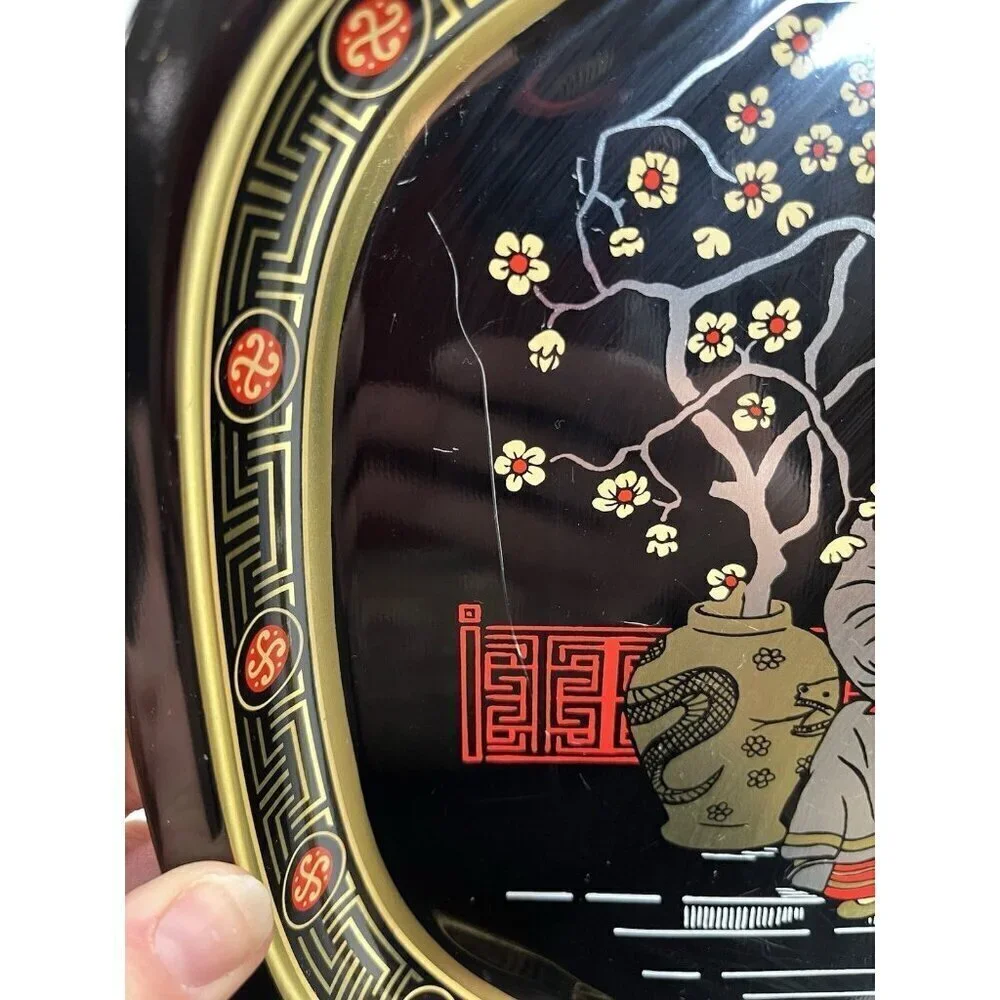 Vintage Asian Tin Serving Tray Made in England Chinese Emperor Throne Oriental