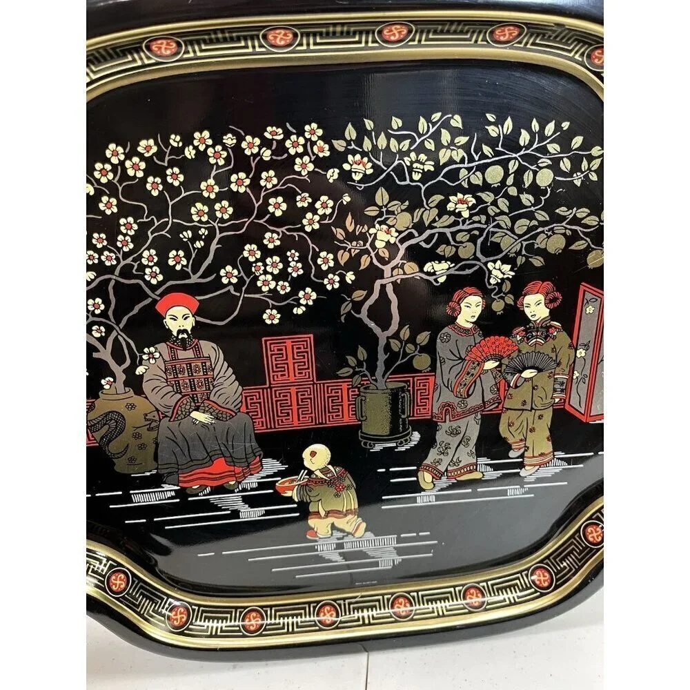 Vintage Asian Tin Serving Tray Made in England Chinese Emperor Throne Oriental