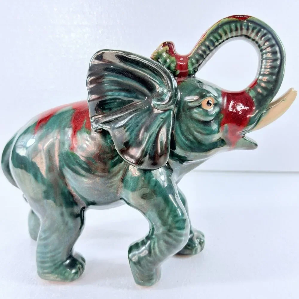 Vtg 1950's Ceramic Art Pottery Elephant Figurine Lucky Trunk Up Green Red Glaze