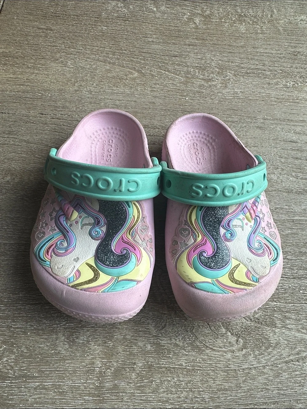 CROCS Kids Pink Unicorn Clogs with Mint Strap