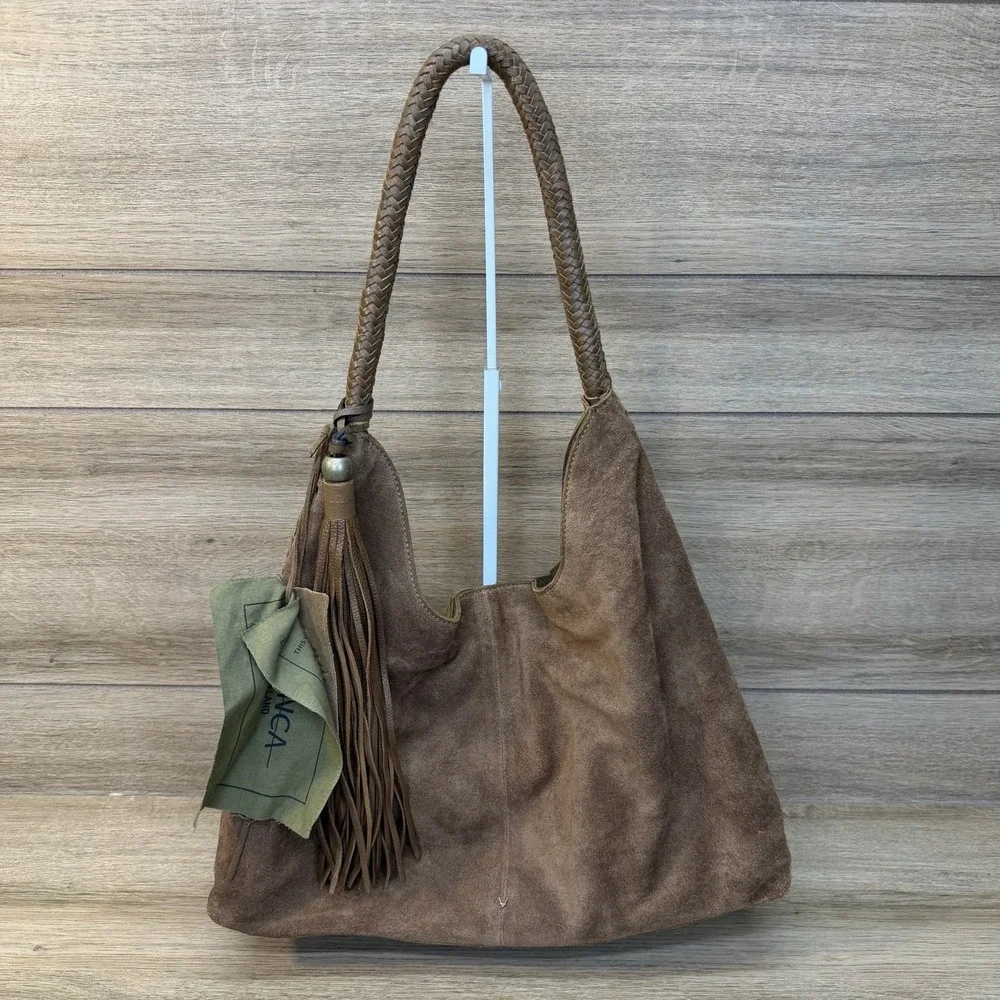 Vilenca Holland Suede Slouchy Hobo Shoulder Bag Brown Boho Whipstitch Tassel