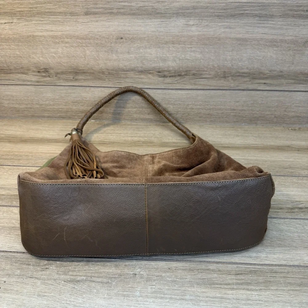 Vilenca Holland Suede Slouchy Hobo Shoulder Bag Brown Boho Whipstitch Tassel