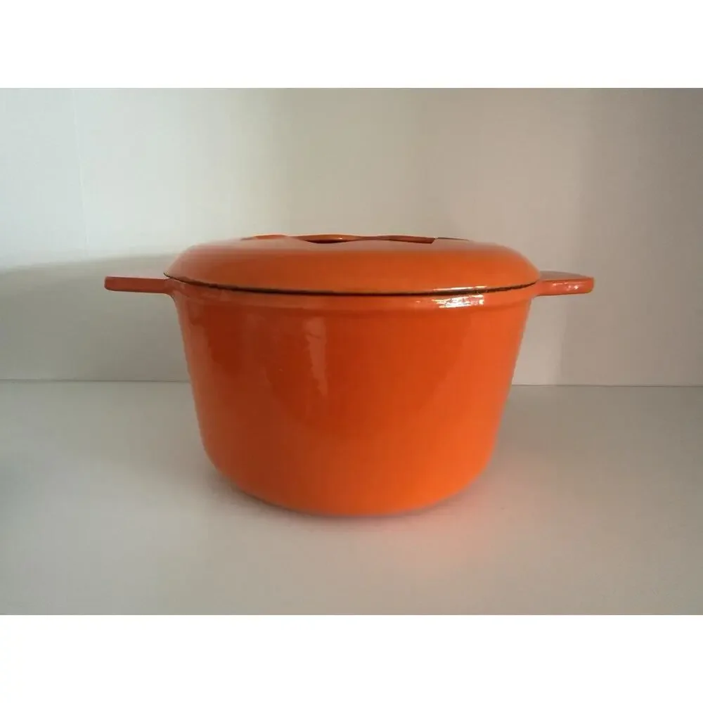 Vintage Orange Enameled Cast Iron Fondue Pot Star Shaped Open Lid Retro MCM