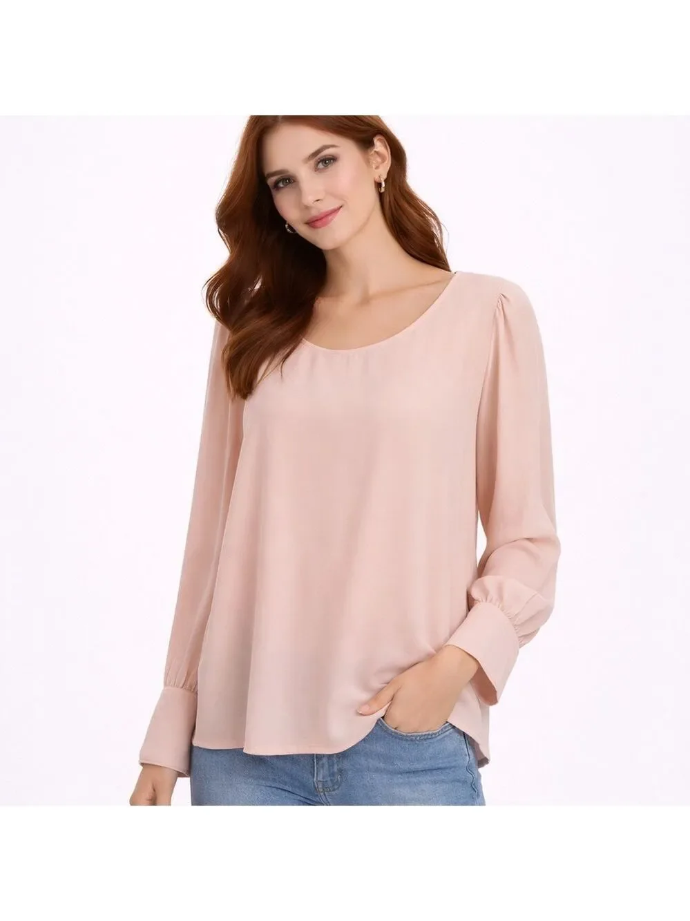 LOFT Peach Pink Puff Sleeve Scoop Neck Blouse Top Women's Size S