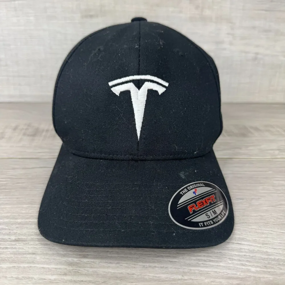 Flexfit Tesla Motors Baseball Cap Mens S-M Black Embroidered Logo Fitted Hat