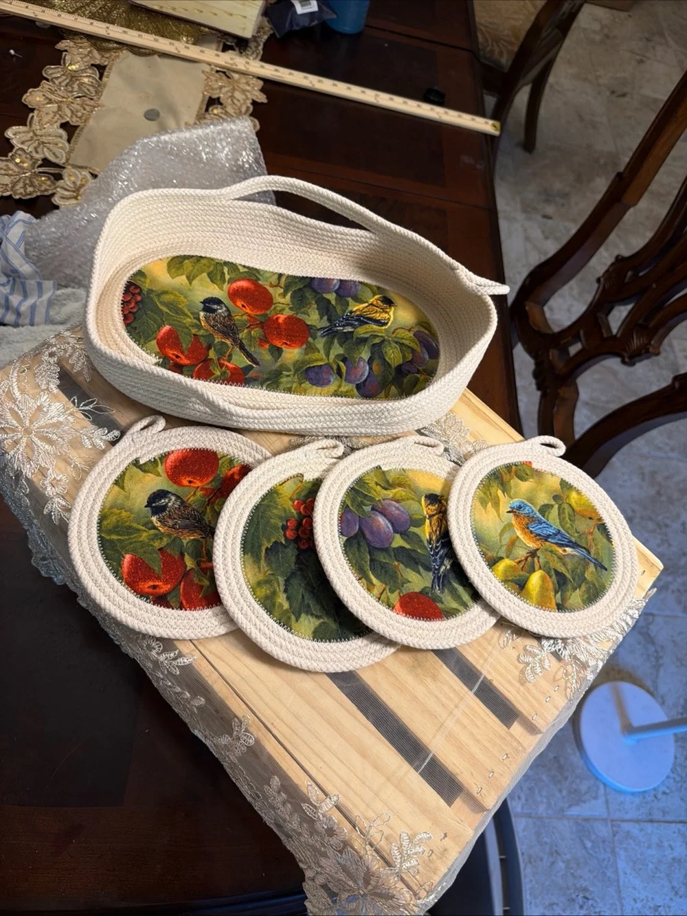 Cream Rope Basket and Bird & Fruit Coaster Set - Cream