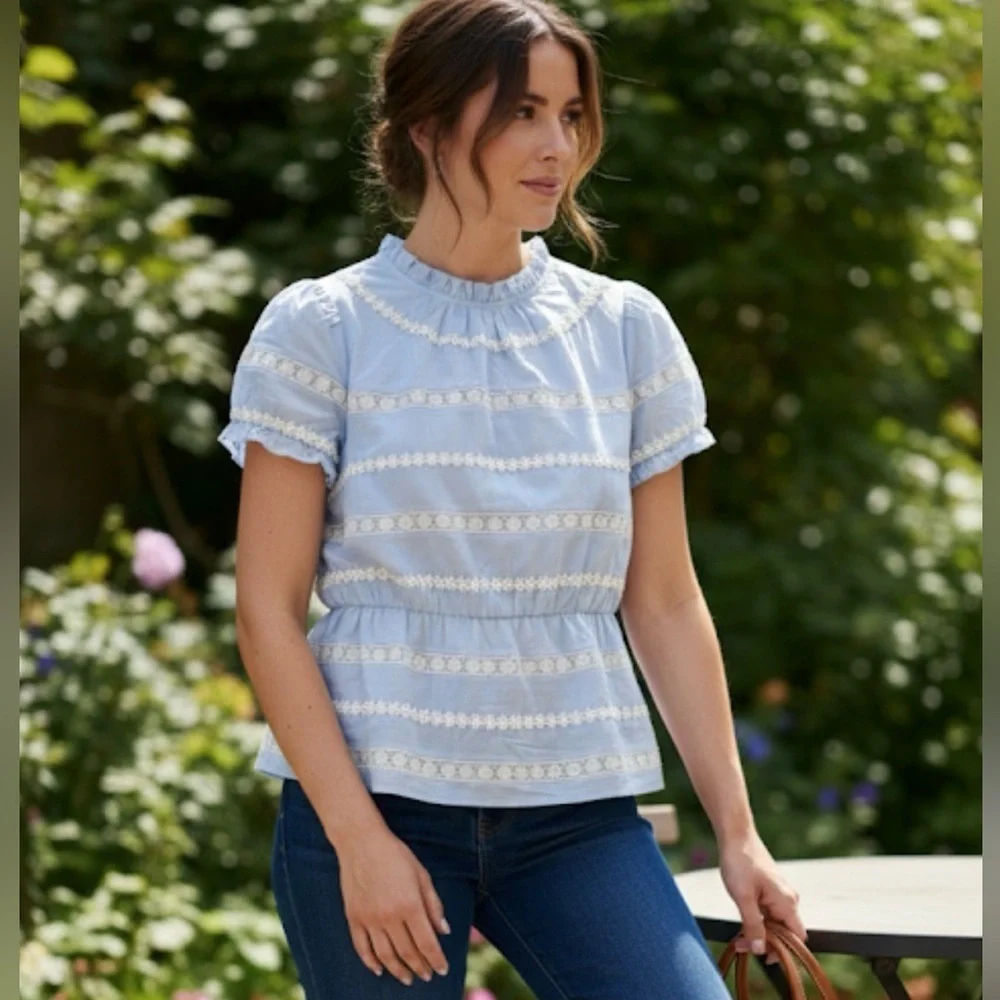J. Crew Blue and White Puff Sleeve Blouse with Peter Pan Collar