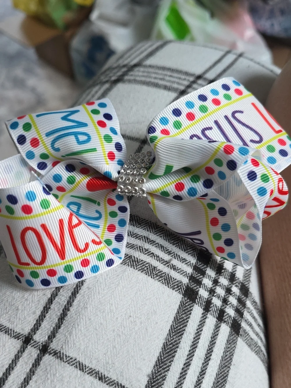 White Multicolor Polka Dot Kids Hair Bow with Rhinestone Center