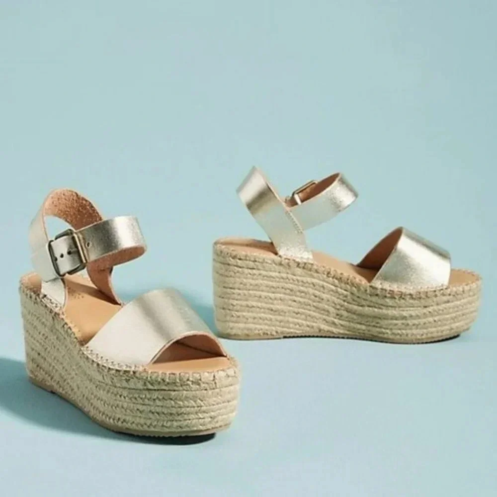 Anthro Soludos Platform Gold Leather Espadrille 10