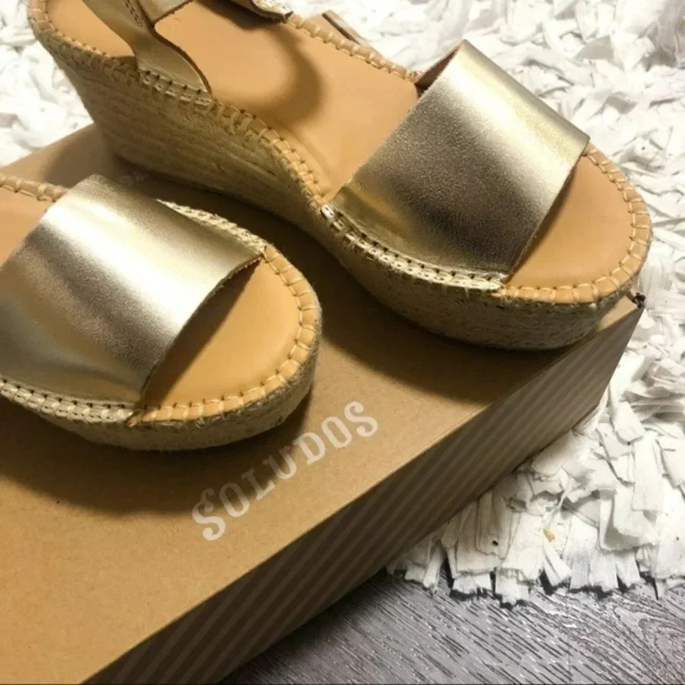 Anthro Soludos Platform Gold Leather Espadrille 10