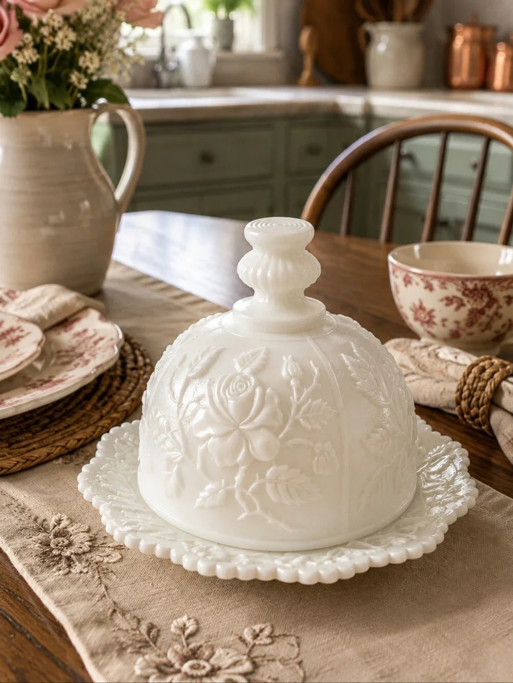 Vintage Imperial Glass Rose Milk Glass Covered Butter Dish 1950s-70s
