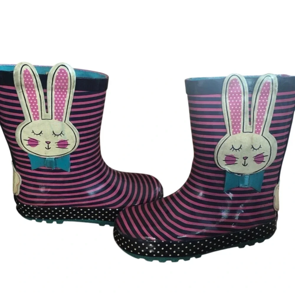 Toddler Girls Pink Striped Bunny Rain Boots Size 10 Polka Dot Rubber‎ Wellies