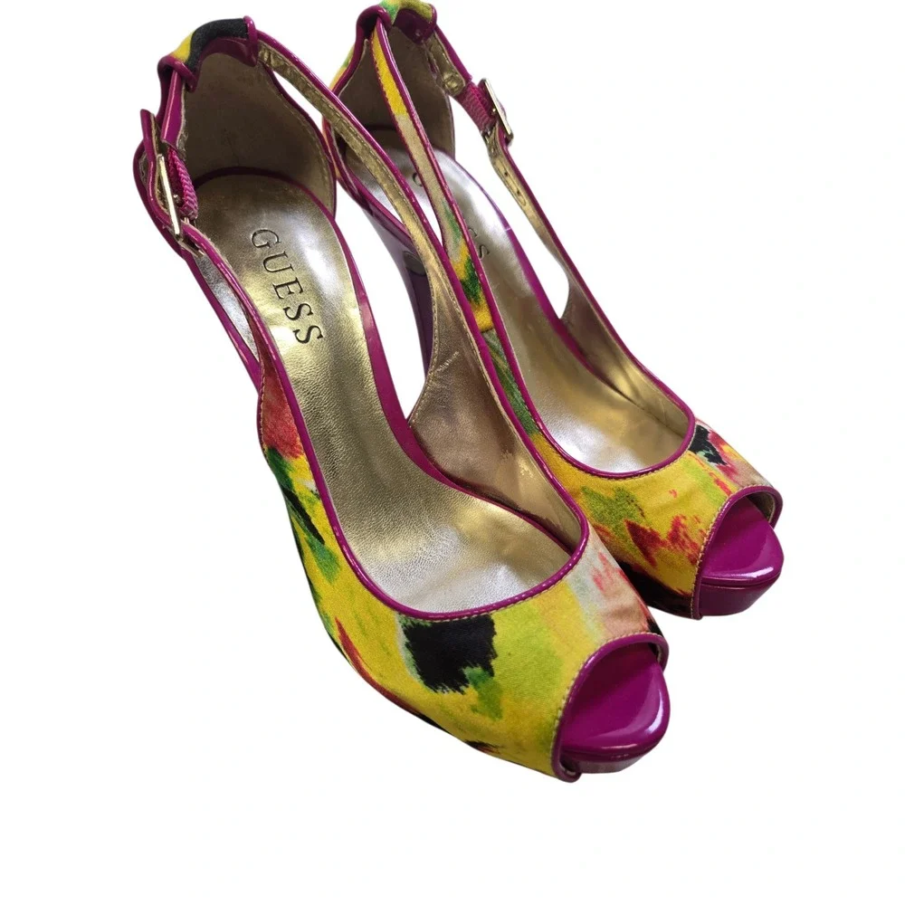 Guess GWHONDOLA Floral Peep Toe Platform Heels Pink‎ Yellow Magenta Womens 6M