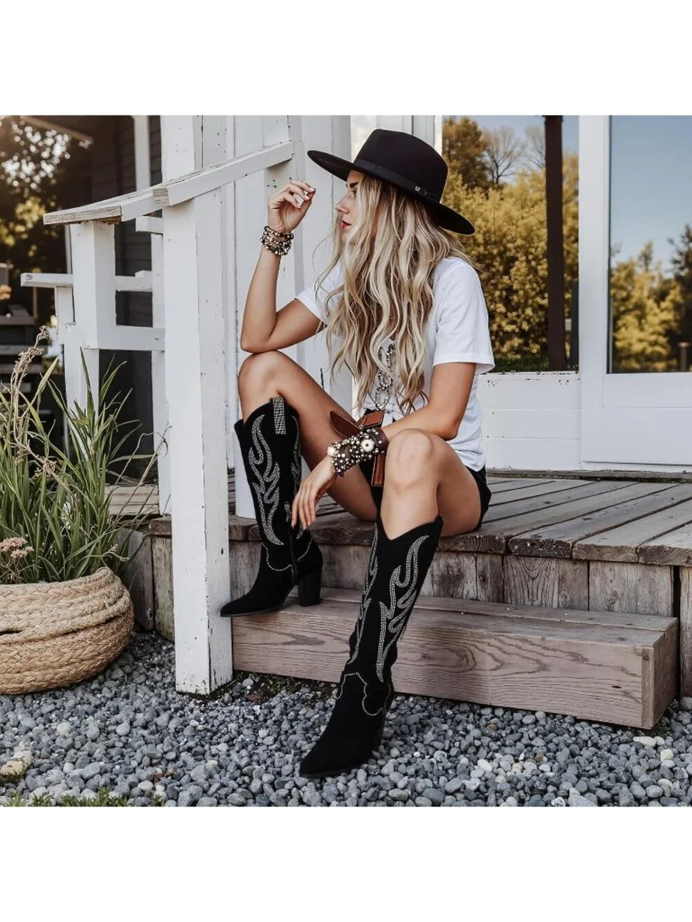 Women's Black Embroidered Rhinestone Wide Calf Side Zipper Western Cowgirl Boots