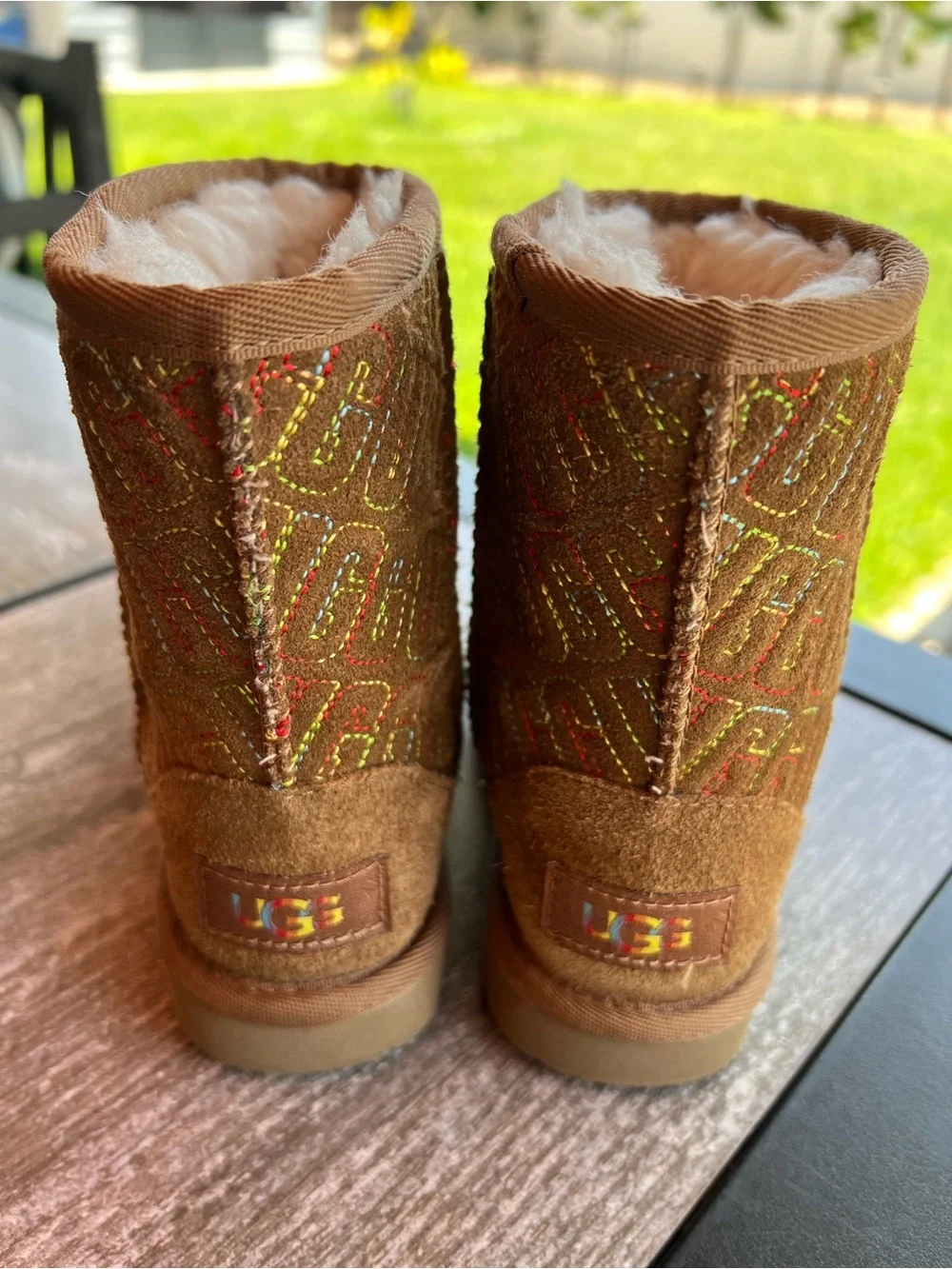 UGG Kids Classic Boots | Rainbow Embroidered | Chestnut Suede | Size 10T