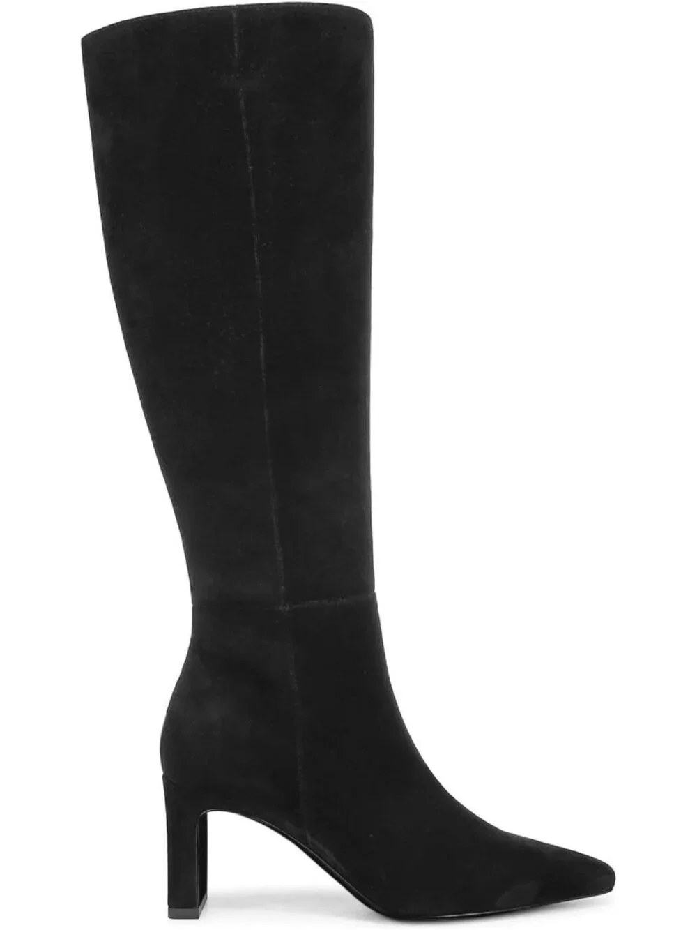 Women's Black Chunky Heel Pointed Toe Faux Suede Side Zipper Knee High Boots