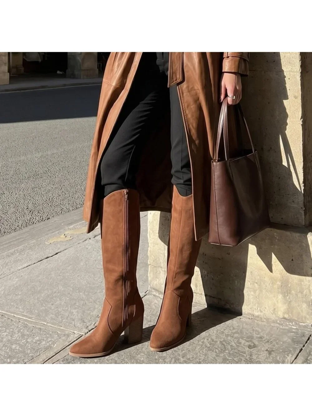 Women's Brown Suede Chunky Heel Suede Pointed Toe Side Zipper Knee High Boots