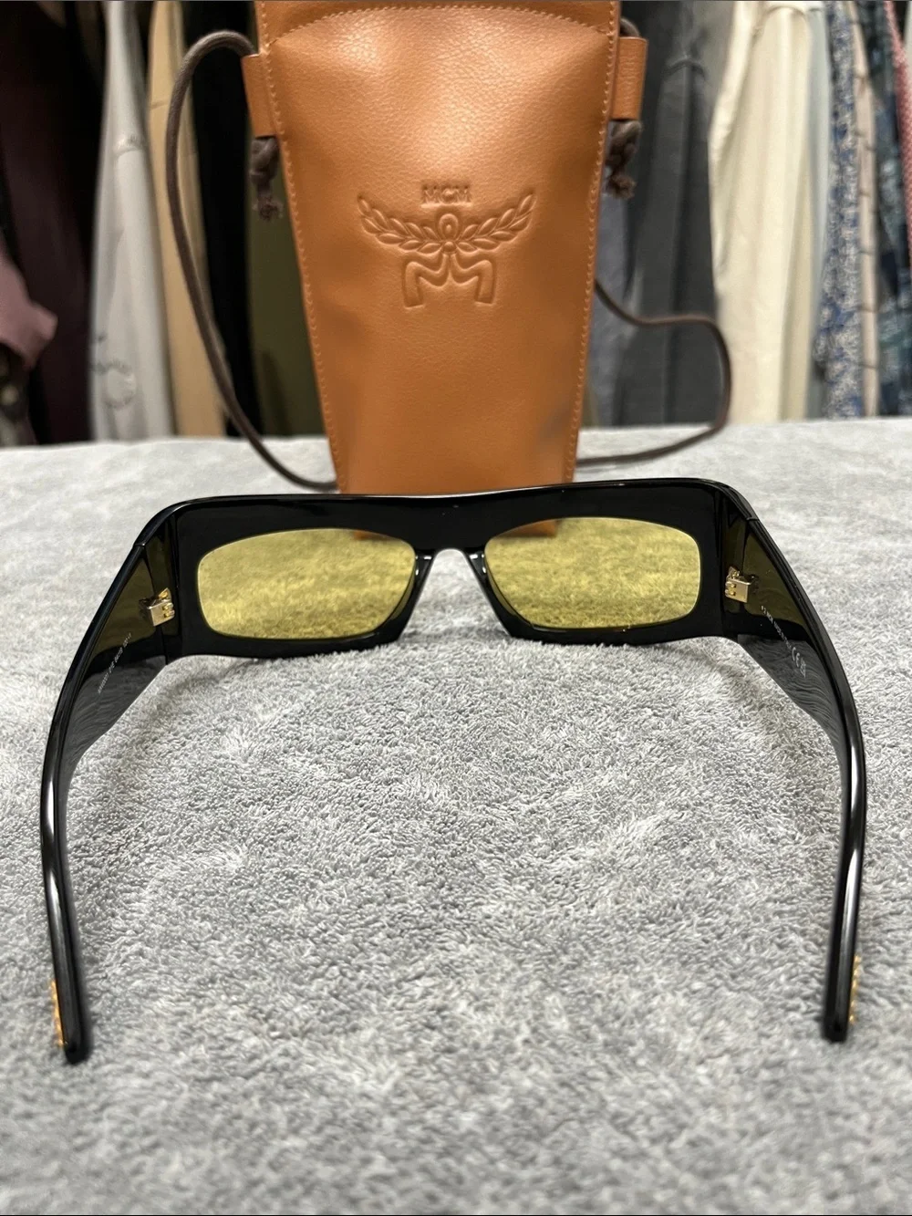 MCM Black Shield Sunglasses with Brown Embossed Leather Case and Yellow Lenses