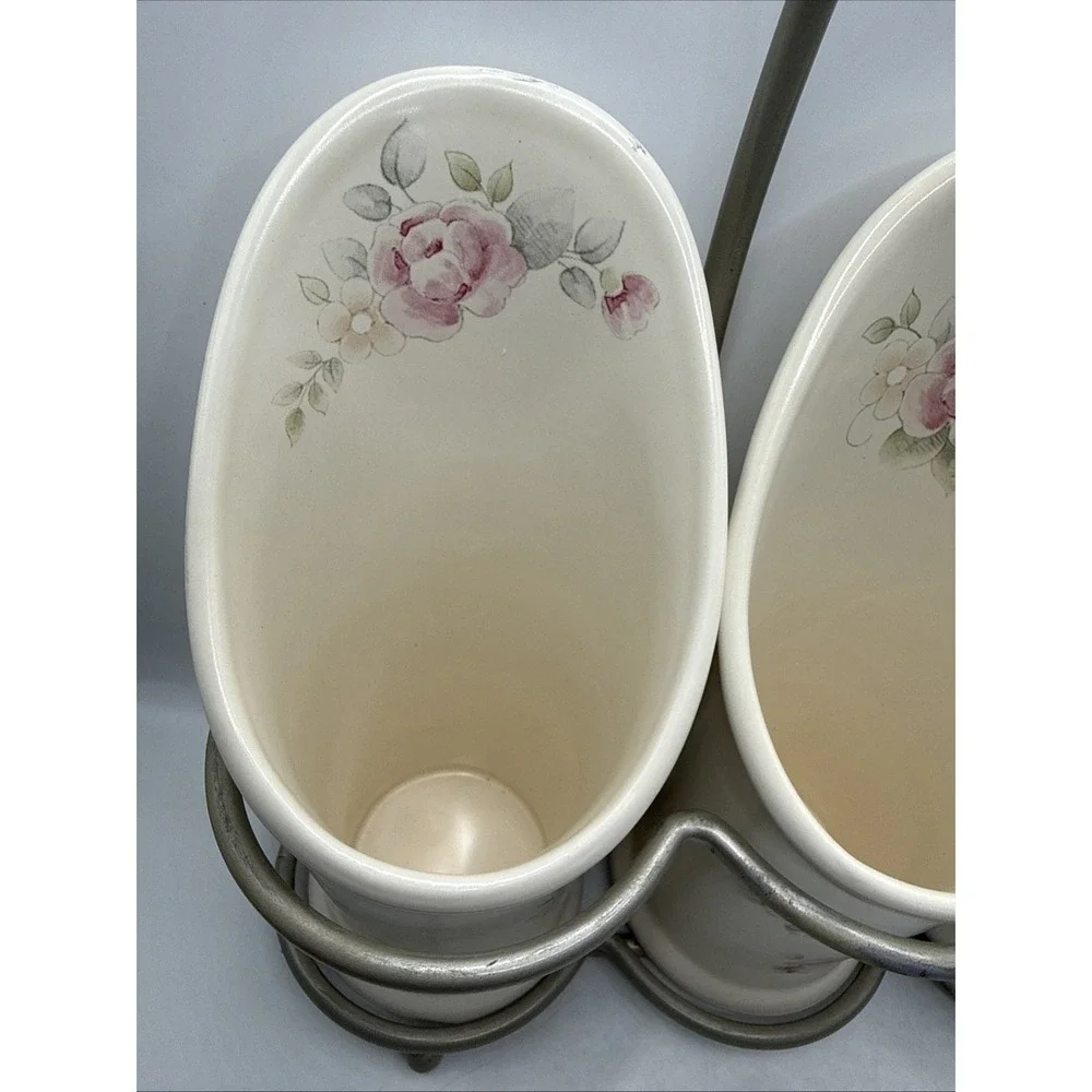 Pfaltzgraff TEA ROSE Flatware Caddy Silverware Utensil Holder With Stand.