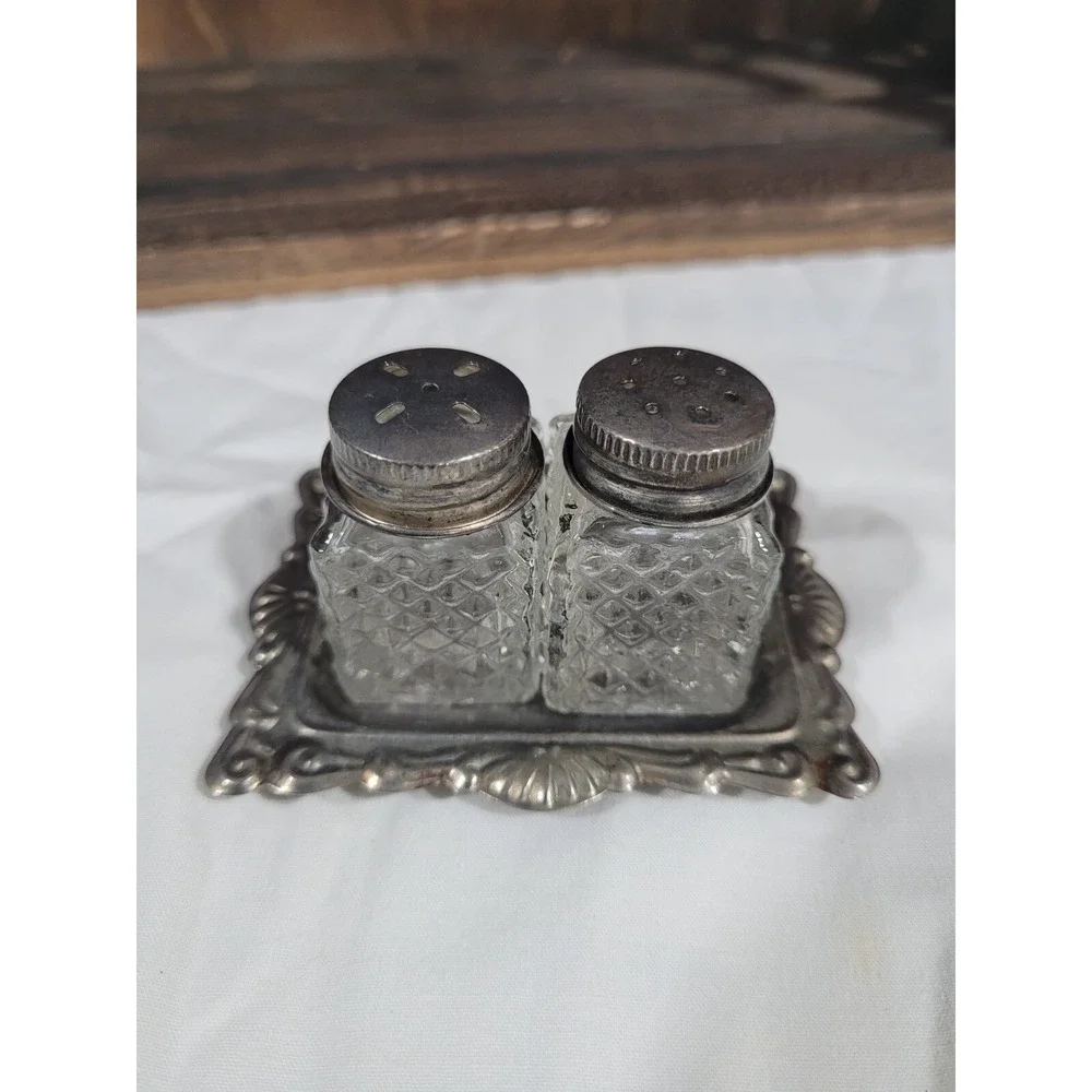 Vintage Hong Kong Glass Salt & Pepper Shakers Set w/ Ornate Silver-Plate Tray.