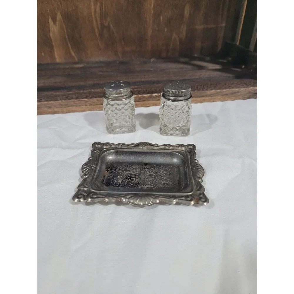Vintage Hong Kong Glass Salt & Pepper Shakers Set w/ Ornate Silver-Plate Tray.