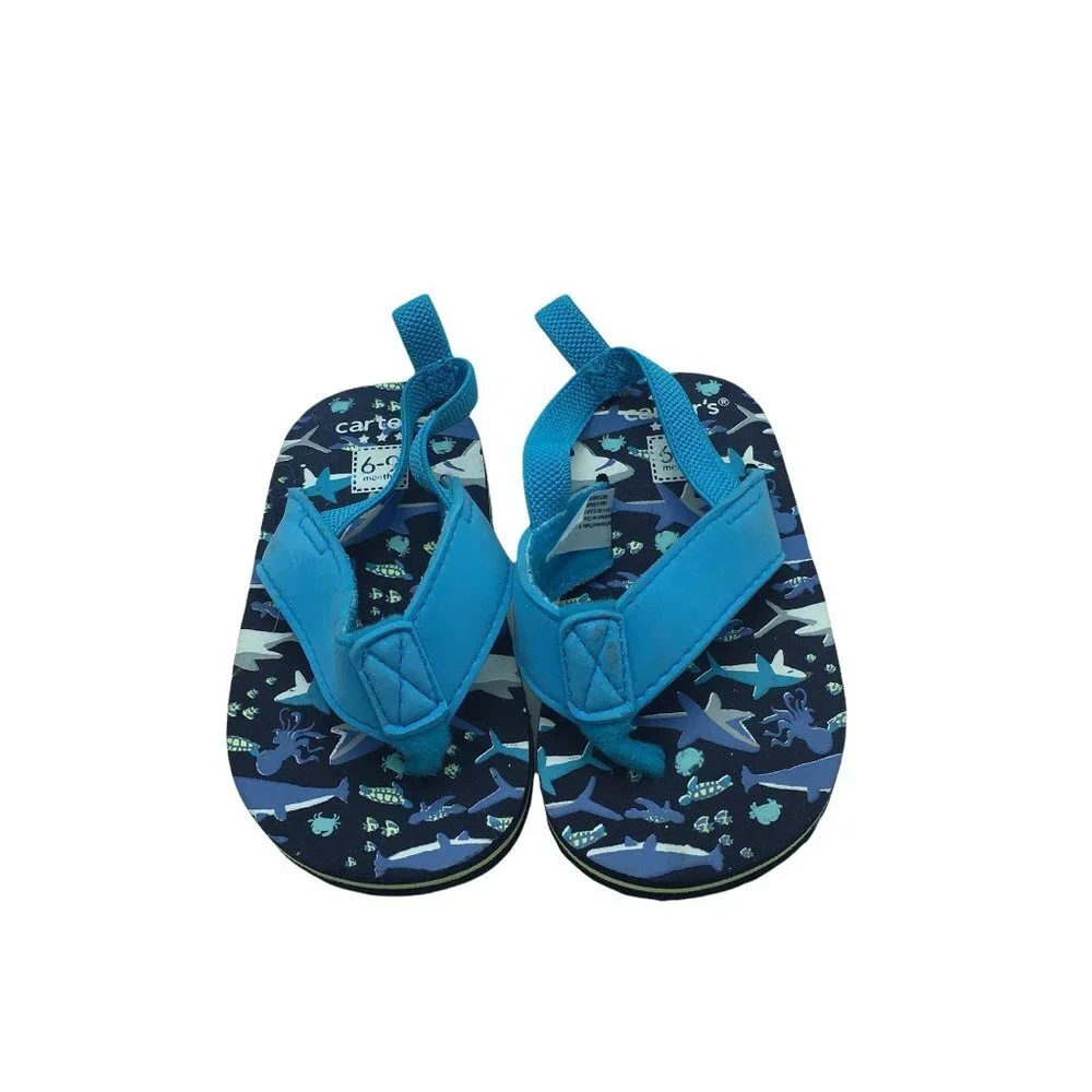 Carter's Baby Flip‎ Flops 6-9 Month Elastic Ankle Strap Sharks Blue Style #60485
