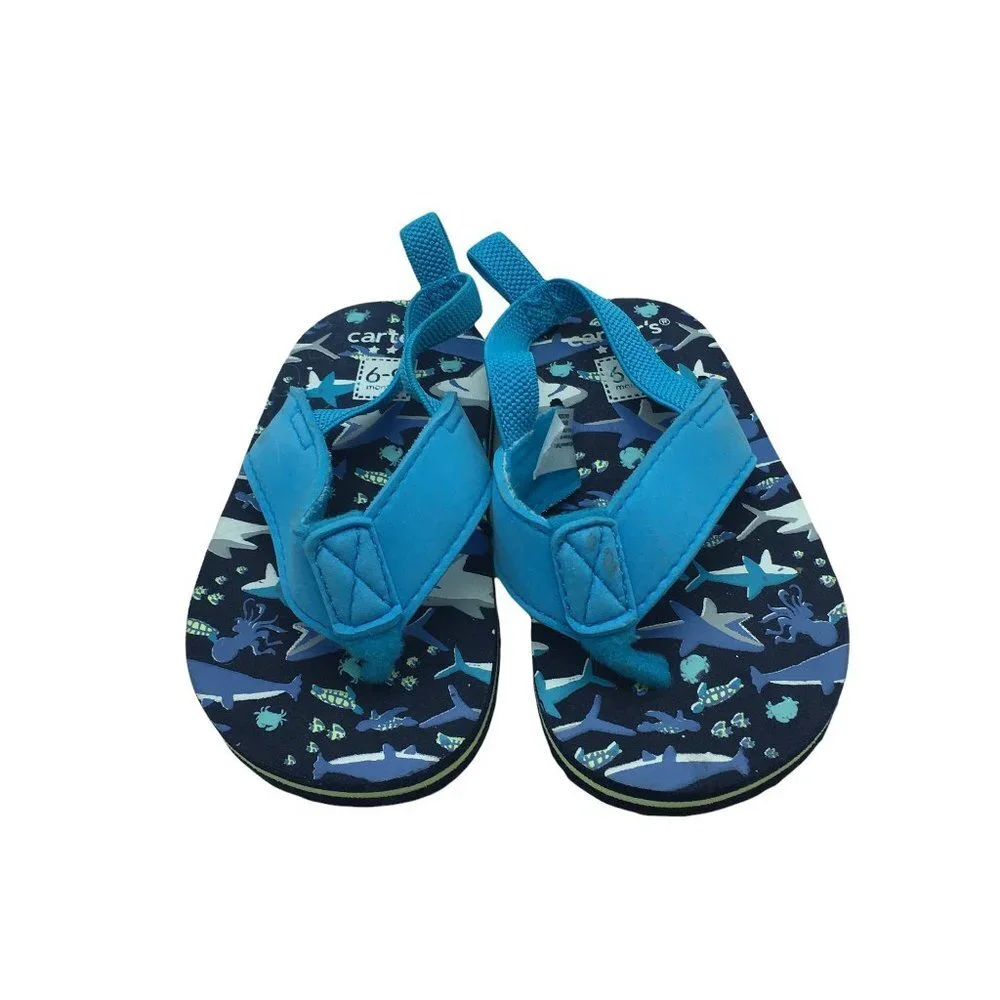 Carter's Baby Flip‎ Flops 6-9 Month Elastic Ankle Strap Sharks Blue Style #60485