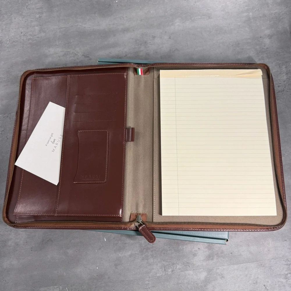 Maruse Portfolio Dark Brown Italian Leather Zippered Document Holder Notepad