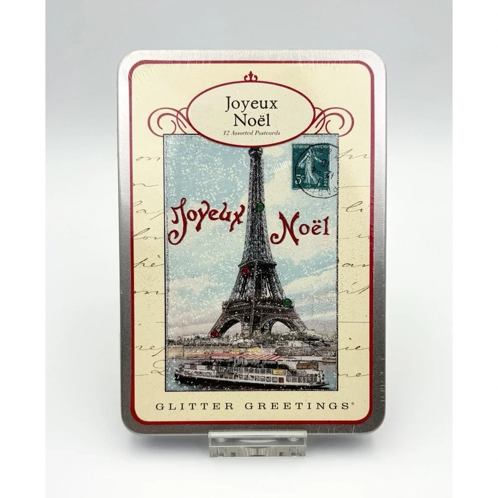 Cavallini & Co. Joyeux Noel Glitter Greetings 12 Assorted Holiday Postcards Tin