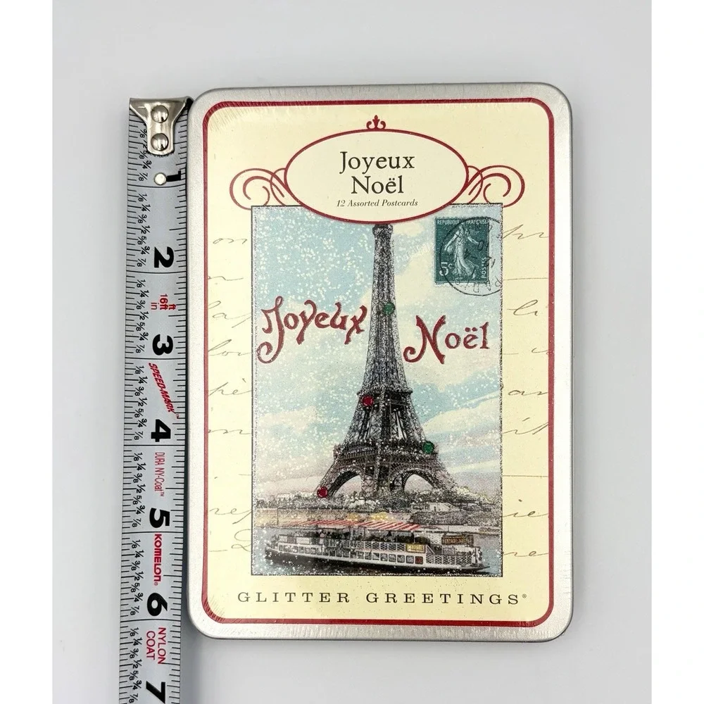 Cavallini & Co. Joyeux Noel Glitter Greetings 12 Assorted Holiday Postcards Tin