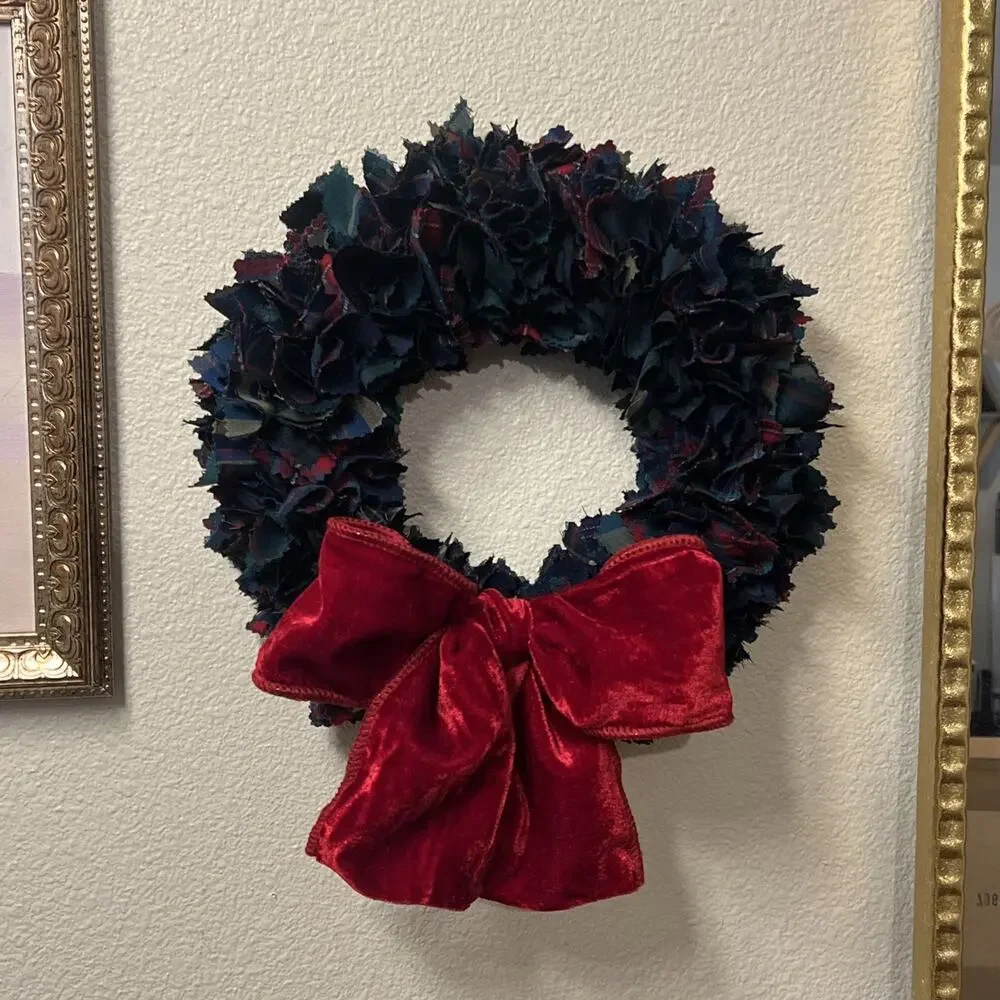 Handmade Pendleton Wool Shirt Wreath 12” Christmas Winter Plaid Red Velvet Bow