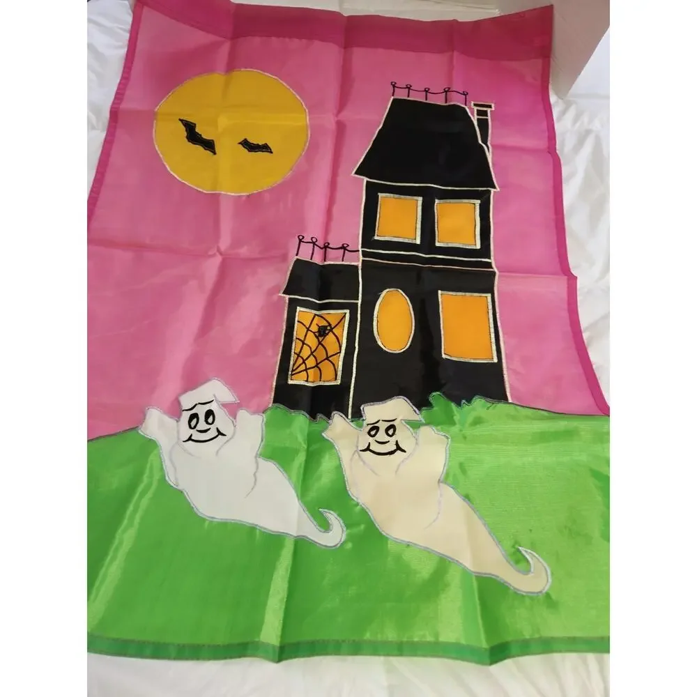 Vtg Halloween Garden Yard Flag Ghosts Night Moon Phantom Spirit Y2k 90's Banner