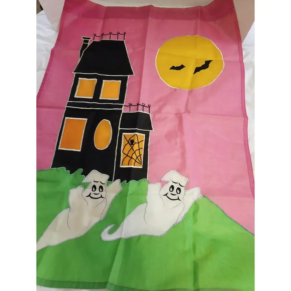Vtg Halloween Garden Yard Flag Ghosts Night Moon Phantom Spirit Y2k 90's Banner
