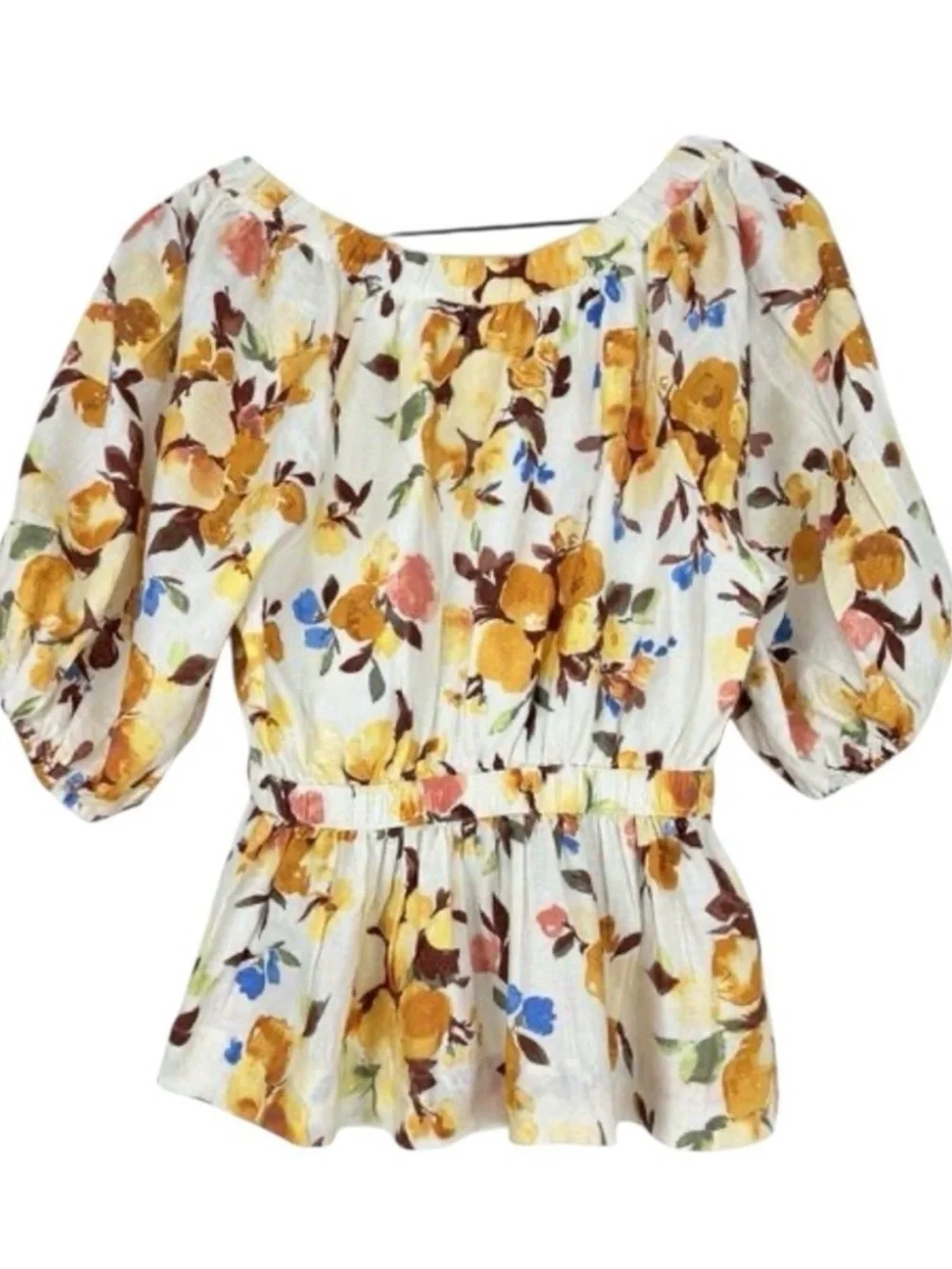 Abercrombie & Fitch Floral Linen Blend Puff Sleeve Peplum Top size Small