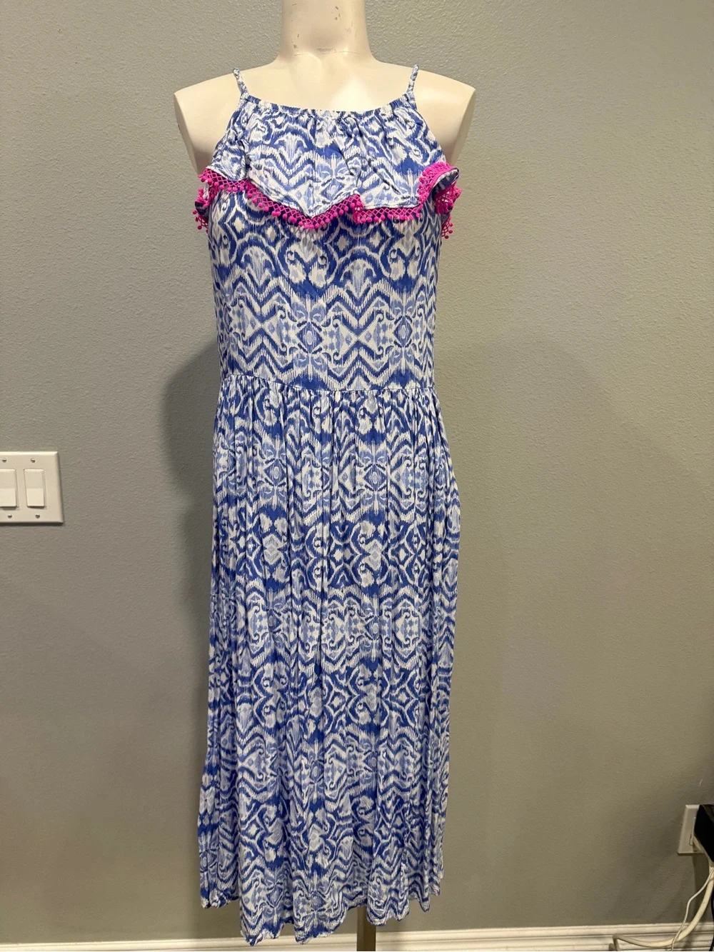 OshKosh B'gosh Blue and Pink Ikat Maxi Dress with Pom Trim