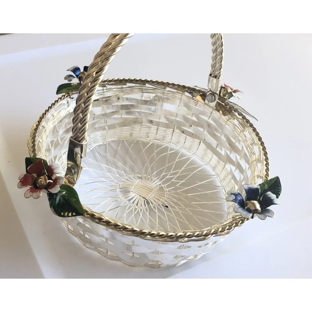 Vintage Hand Woven Wire Basket Silver Plated Pretty‎ Flowers Gift- NIB