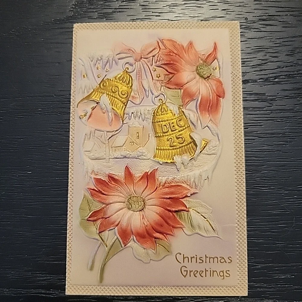 Vintage Christmas Postcard 3D Raised Embossed German Bells Poinsettia 1921