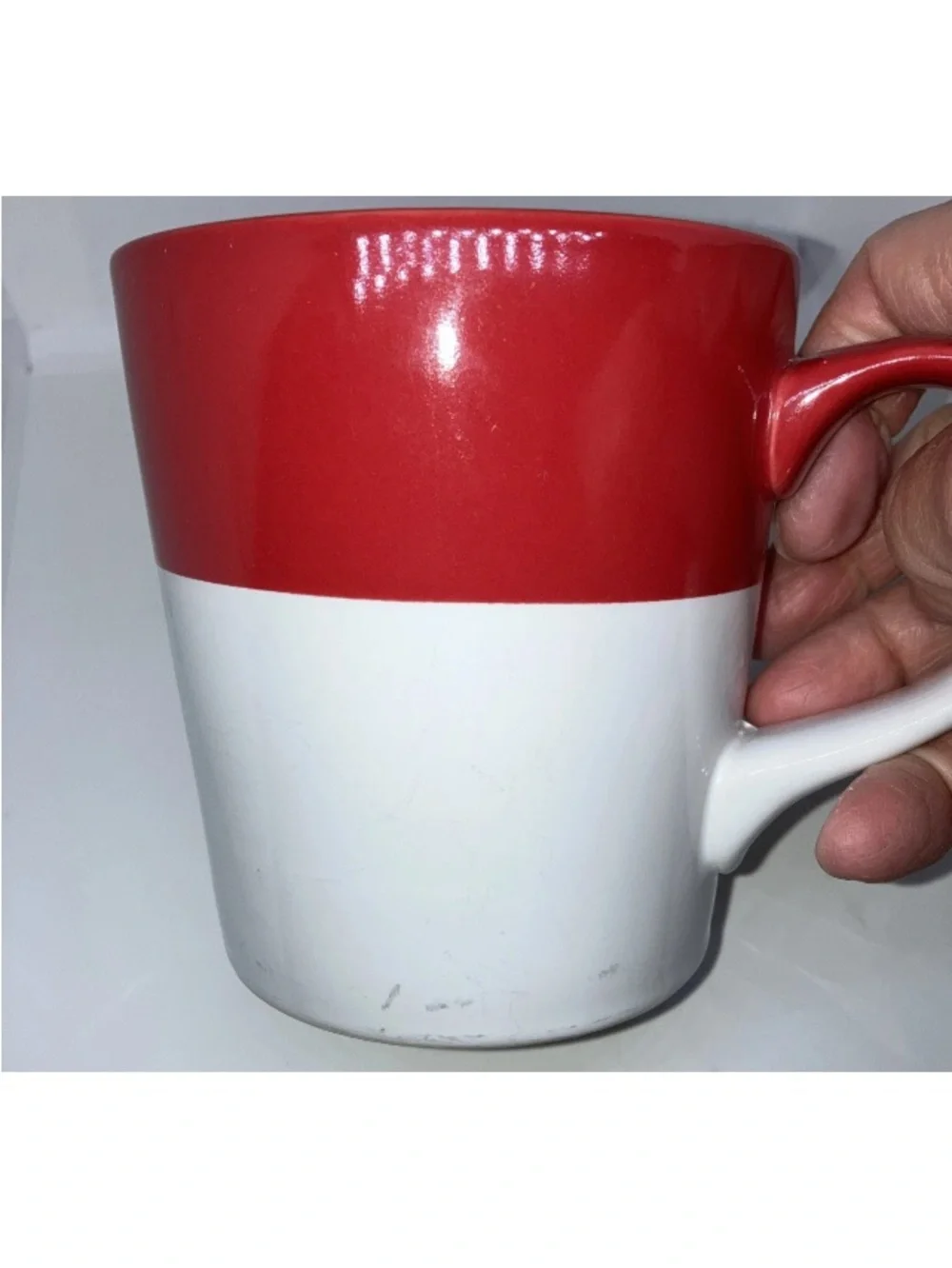 SET OF 2 Crate & Barrel Ceramic Coffee Mugs Red White Dipped Glaze 14oz Holidays