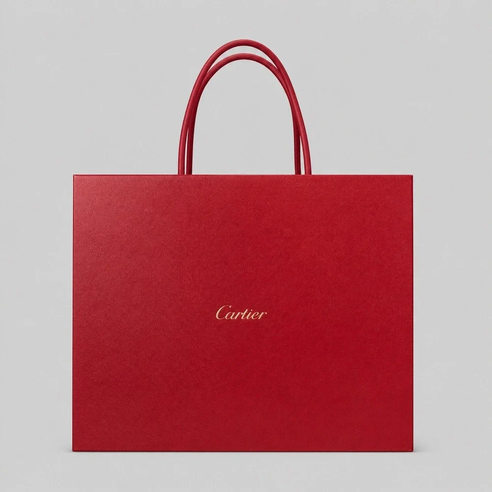 Cartier Red Textured Paper Shopping Bag Gold Logo Luxury Boutique Packaging 9x10