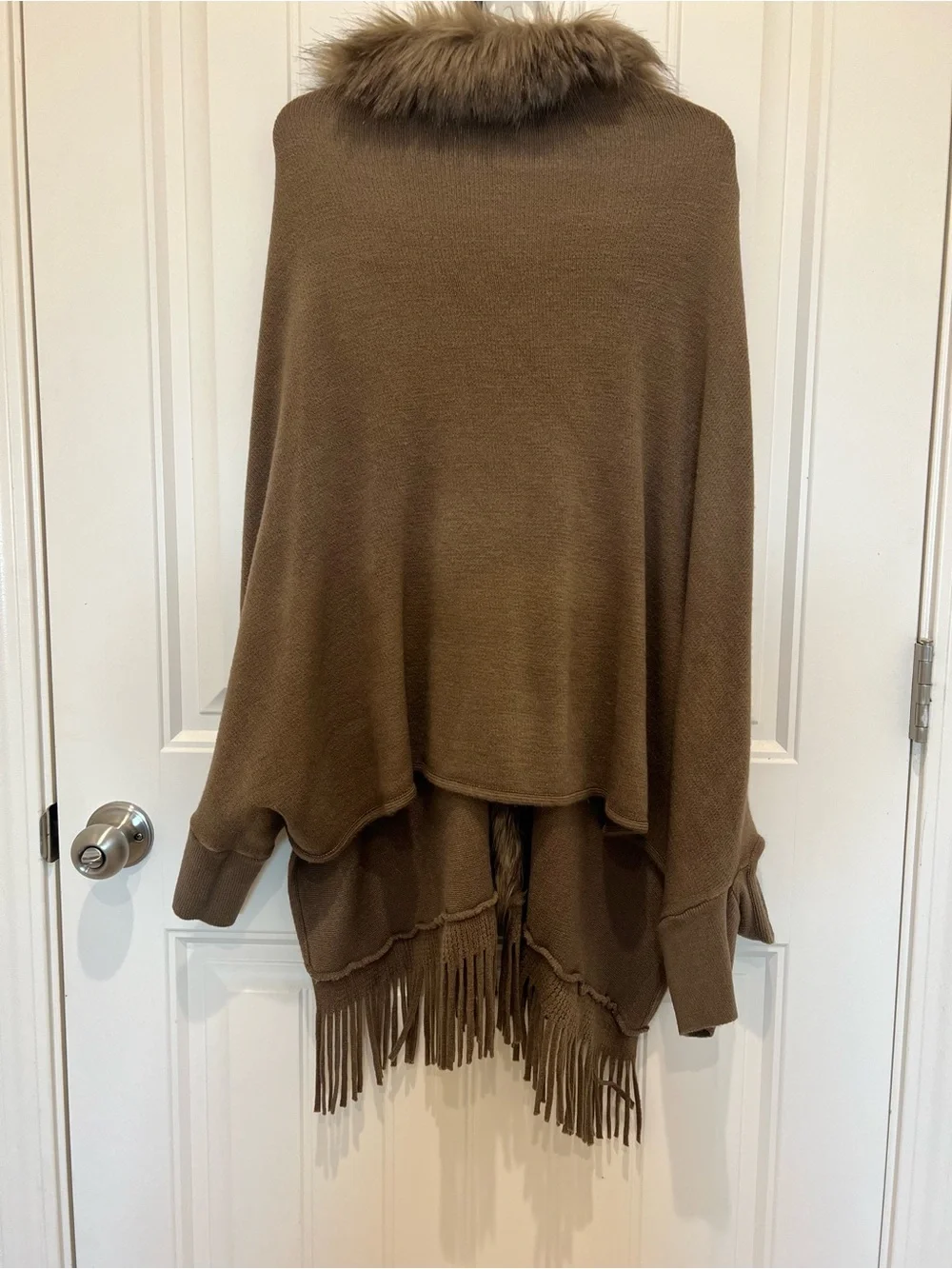 Brown fur-trimmed poncho